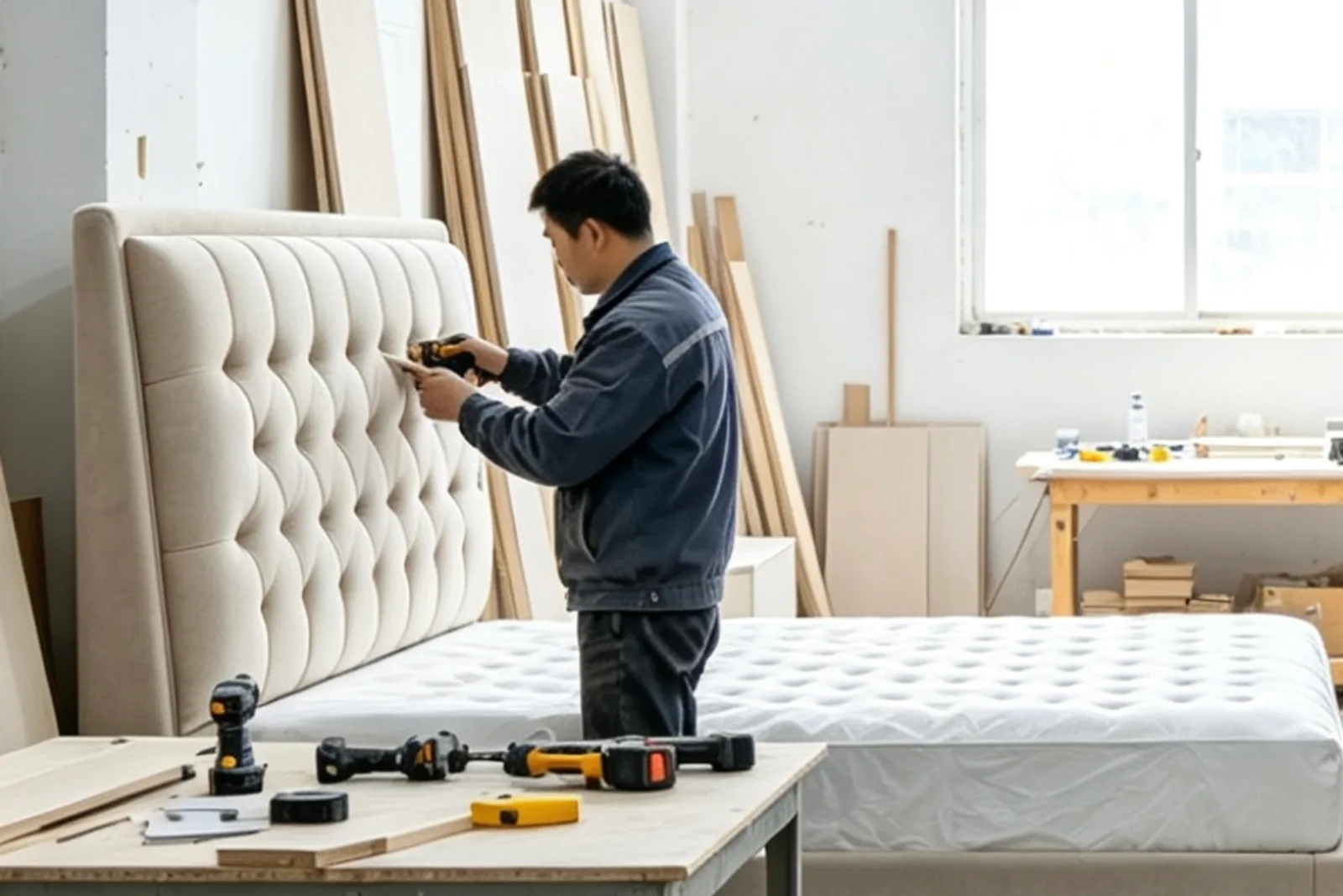 Upholstered headboard and hotel casegoods assembly in YABO workshop before overseas shipment